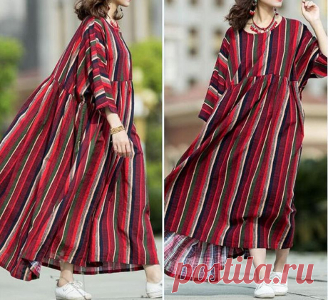 Red Cotton Striped Dress travel long dress Plus Size dress | Etsy