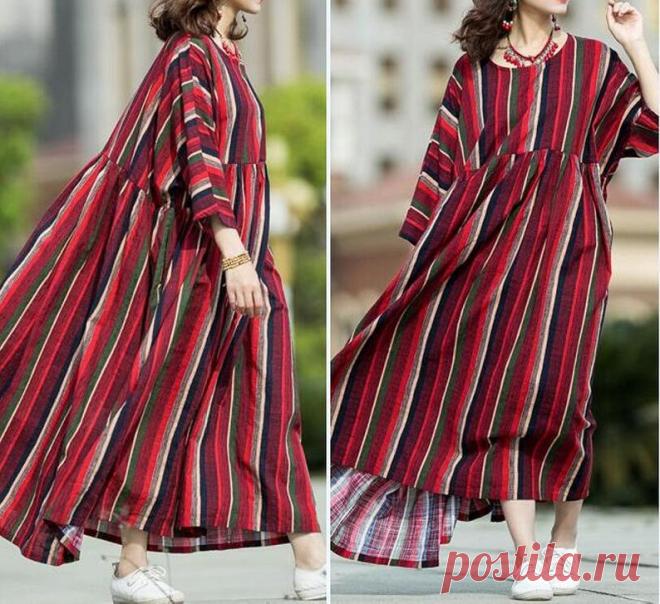 Red Cotton Striped Dress travel long dress Plus Size dress | Etsy