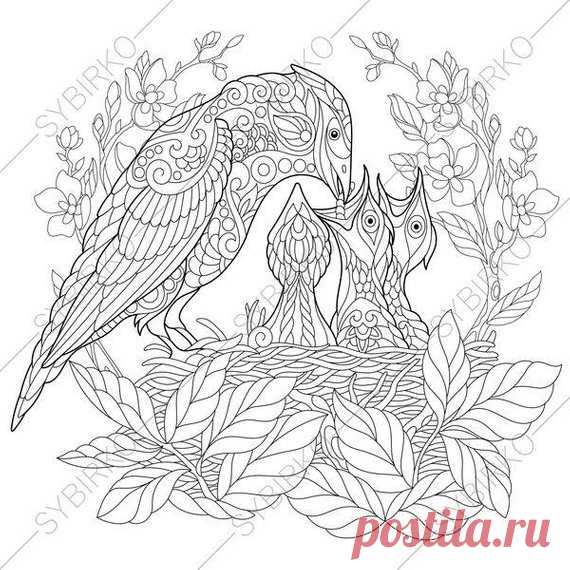 Jay Bird Nest. 2 Coloring Pages for Mother's day greeting cards. Animal coloring book pages for Adults. Instant Download Print  All items are DIGITAL DOWNLOADs !!! No physical product will be sent through the mail. After purchasing you will receive an INSTANT DOWNLOAD of coloring pages  You GET: ✔ Coloring pages in JPG and PDF formats ✔ High quality ✔ High resolution ✔ Print size suitable for A4 or A3 paper formats ✔