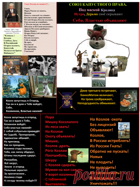 УМОМ РОССИЮ НЕ ПОНЯТЬ.
Умом, 
Народ России, 
Не понять.
Козлов плодят,
Приумножают
И в огород, 
К Себе,
Пускают.
Самых прожорливых,
Бодливых 
К кормушке – огороду
Подпускают – выдвигают.
Из этой своры – стада,
Самых орущих,
На стол обеденный,
С копытами,
Залезших
Выбирают.

За тем нудят:-
«Козлы насрали,
Капусту
Всю сожрали».
И тех Козлов,
Их выродков,
Под той
Иль новой вывеской,
Вновь выдвигают,
Избирают,
Капустой
Брюхо ненасытно
Набивать,
Огород топтать,
...