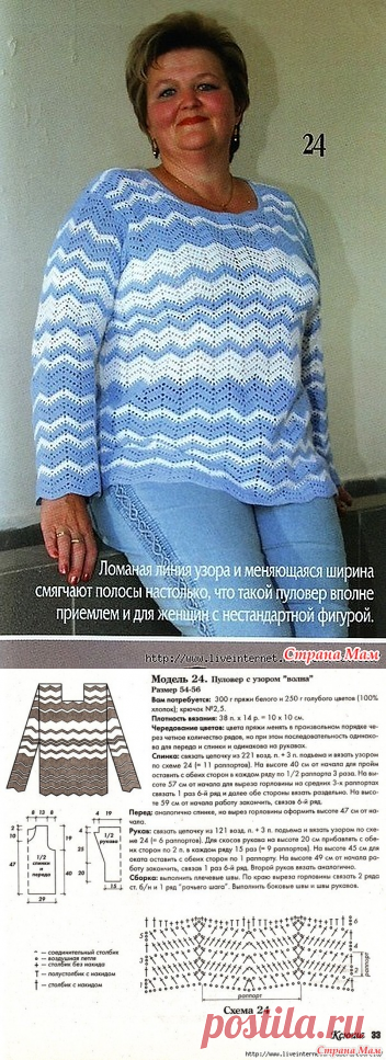 Полосатый пуловер с узором волна. Крючок. - ВЯЗАНАЯ МОДА+ ДЛЯ НЕМОДЕЛЬНЫХ ДАМ - Страна Мам