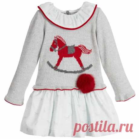 Foque - Grey & Red Sweater Dress with Fur Pom-Pom | Childrensalon