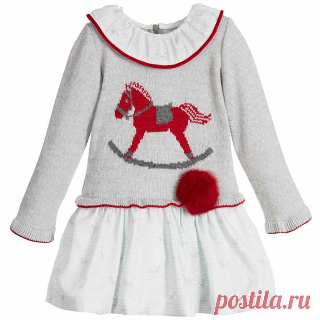 Foque - Grey & Red Sweater Dress with Fur Pom-Pom | Childrensalon