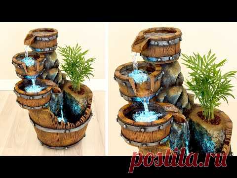 DIY Concrete Barrel Waterfall Fountain Pot ✔️ Faux Bois Tutorial ✔️ Fake Wood Crafts