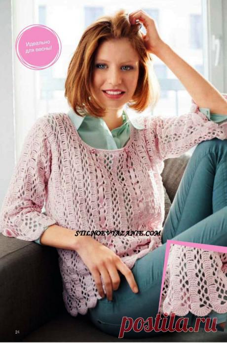Пуловер в романтическом стиле, крючок