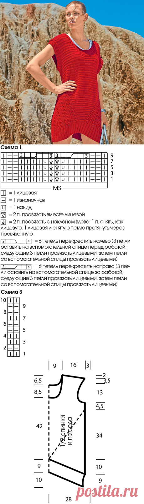 Красное мини-платье с «косами» - схема вязания спицами. Вяжем Платья на Verena.ru
