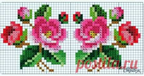 two pink flowers with green leaves are on the cross stitch pattern for a wall hanging