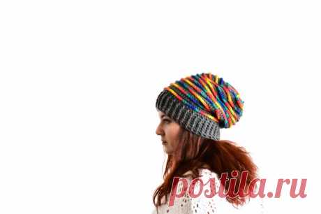Gray slouchy beanie for woman rainbow spiral stripped slouchy | Etsy