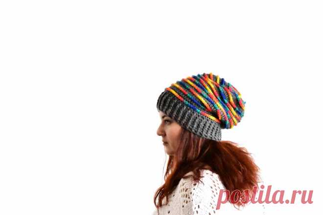 Gray slouchy beanie for woman rainbow spiral stripped slouchy | Etsy