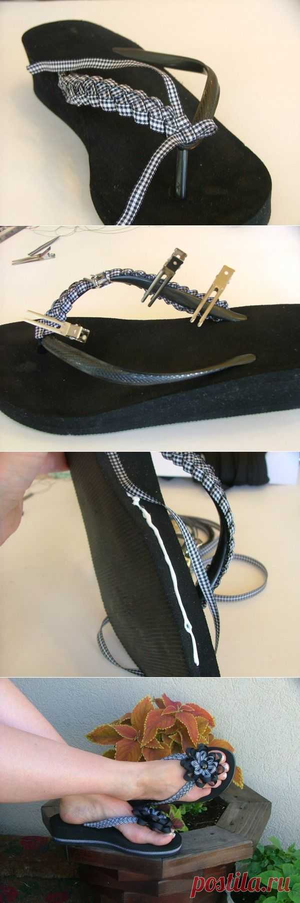 ШЛЕПАНЦЫ + МК !  Материалы: так называемые тапочки "фли-флоп"  за 3 коп + синтетическая тесьма и клей !..