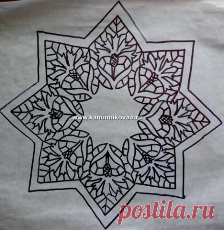 Салфетка «Васильки». Гильоширование. Давайте сегодня в холодную раннюю весну подумаем про лето. Сразу станет тепло и телу и душе.
1)Для салфетки берём вот эту схему. Распечатываем. Это ¼ часть рисунка. Переводим на кальку весь рисуно…