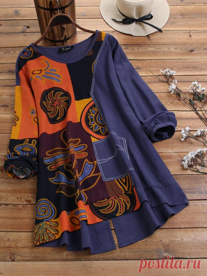 Винтажный принт в стиле пэчворк с разрезом сзади Plus Хлопковая блузка размера Plus Ваш друг поделился с вами модным сайтом и дает вам скидку до 20%! требуй это сейчас.