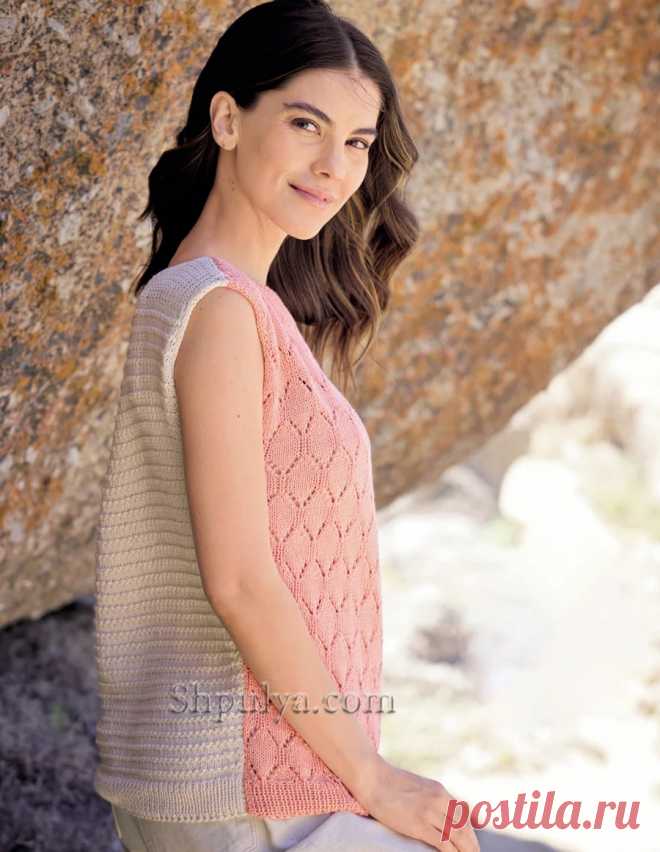 Вязаный летний топ с успехом доказывает, что изысканный дизайн не обязательно должен быть сложным. Обестороны вяжутся сплошным узором: одна–ажуром, другая – поперечной резинкой. Кроме того, они отличаются цветом, что открывает больше возможностей для комбинирования.