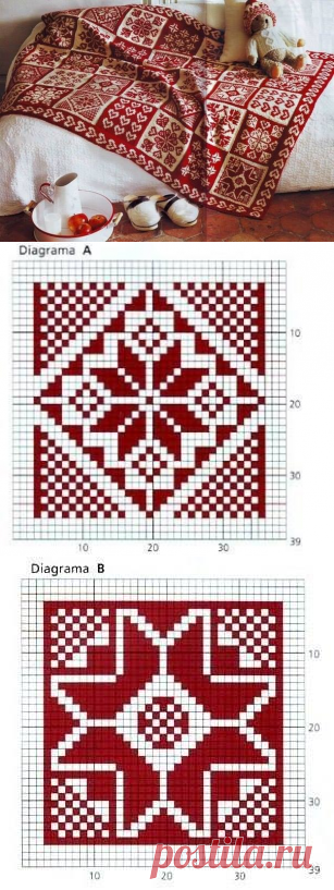 Яркий плед из квадратов, связанных двуцветными орнаментами — Рукоделие