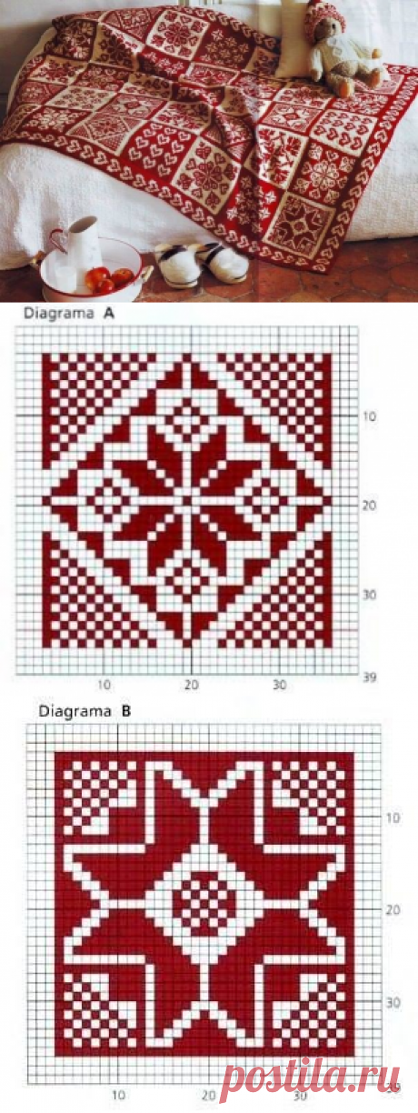 Яркий плед из квадратов, связанных двуцветными орнаментами — Рукоделие