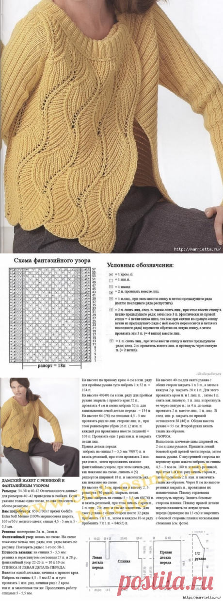 Красивейший жакет спицами с фантазийным рисунком на полочке.