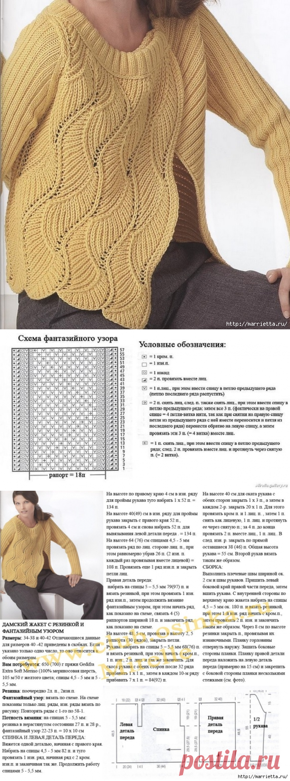 Красивейший жакет спицами с фантазийным рисунком на полочке.