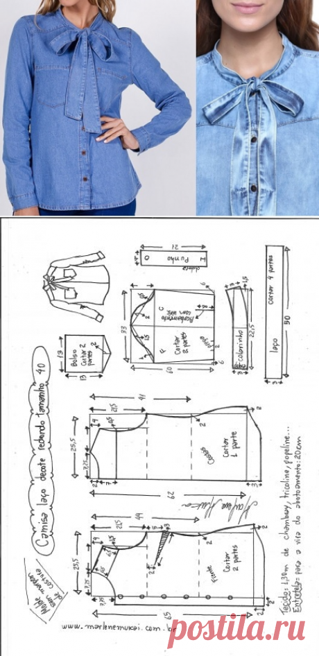 Camisa com laço, decote redondo – DIY – molde, corte e costura – Marlene Mukai
