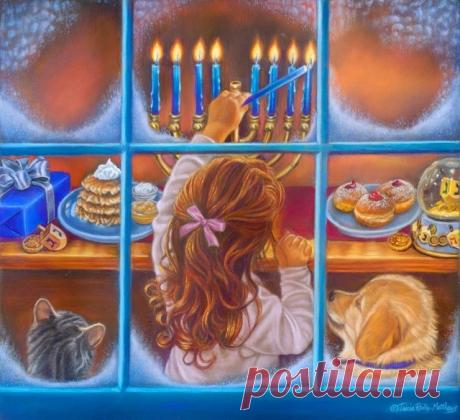 Ханука :восхитительное торжество единства и света Автор Элеонора Ример Обычай установки меноры в соответствии с обычаем pirsumay nisa (чудо избавления),прославляющим чудо Хануки, когда масло горело восемь дней