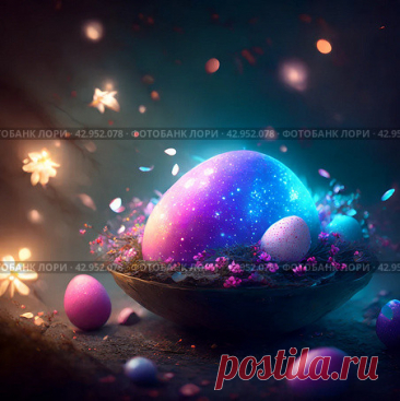 A colorful egg with a blue and purple shell in a bowl with other Easter eggs. The bowl is surrounded by flowers and stars, giving the impression of a magical, whimsical scene. AI generative art. Стоковое AI-изображение, AI-художник Ilaronsia / Фотобанк Лори