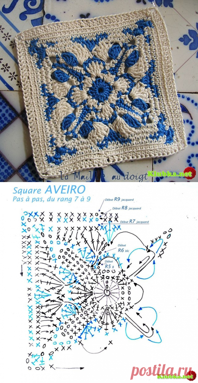 Красивейший "бабушкин квадрат" крючком в стиле "гжель".