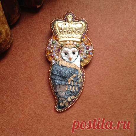 Купить брошь &quot;Императорская Сова&quot; - золотой, корона, сова, сипуха, брошь сова, полимерная глина