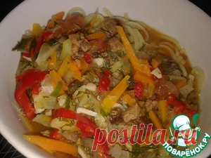 Лагман от Дюдюки - кулинарный рецепт


    Баранина	(антрекоты) — 500 г
    Морковь	(крупная) — 1 шт
    Лук репчатый	(средней величины) — 2 шт
    Перец болгарский	(красный крупный) — 1 шт
    Редька	(белая средней величины) — 1 шт
    Помидор	(средней величиы) — 4 шт
    Чеснок	— 3 зуб.
    Зира	— 0,3 ч. л.
    Перец черный	(по вкусу)
    Соль	(по вкусу)
    Масло растительное	— 50 мл
    Лист лавровый	(по вкусу)
    Картофель - 1 шт.