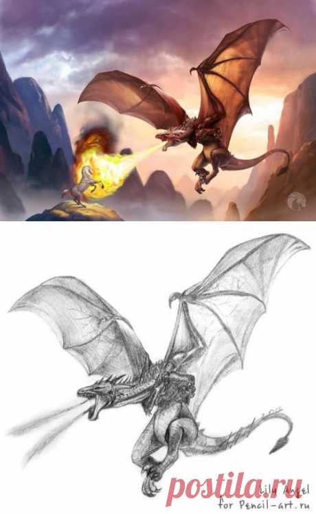 Как нарисовать огнедышащего дракон на бумаге карандашом | Мифические персонажи