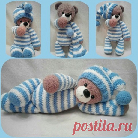 Мишка в пижамке. 
 
Голова 
1.6 КА 
2.6 ПР - 12 
3.(сбн, пр)*6 - 18 
4.(2 сбн, пр)*6 - 24 
5.(сбн, пр, 2 сбн)*6 - 30 
6.(4 сбн, пр)*6 - 36 
7.(2 сбн, пр, 3 сбн)*6 -42 
8.(6 сбн, пр)*6 - 48 
9.(3 сбн, пр, 4 сбн)*6 - 54 
10.(8 сбн, пр)*6 - 60 
11-12.60 сбн 
13.(9 сбн, пр)*6 - 66 
14. 66 сбн 
15.(10 сбн, пр)*6 - 72 
16-19.72 сбн 
20.(10 сбн, уб)*6 - 66 
21.(4 сбн, уб, 5 сбн)*6 - 60 
22.(8 сбн, уб)*6 - 54 
23.(3 сбн, уб, 4 сбн)*6 - 48 
Глаза вставляем между 20 и 21 рядом на ра...