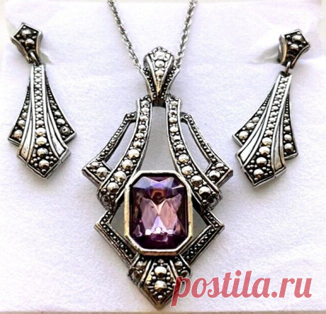 Винтаж: Винтажный комплект VTG Marcasite колье серьги искусственный аметист купить в интернет-магазине Ярмарка Мастеров по цене 9670 ₽ – WU2EWRU, Комплекты украшений винтажные, Рошаль - доставка по России
