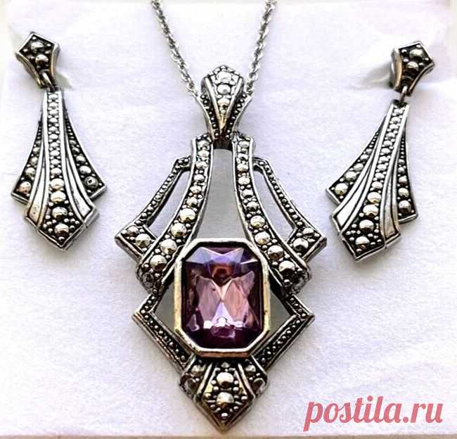 Винтаж: Винтажный комплект VTG Marcasite колье серьги искусственный аметист купить в интернет-магазине Ярмарка Мастеров по цене 9670 ₽ – WU2EWRU, Комплекты украшений винтажные, Рошаль - доставка по России
