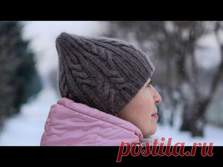 Двойная шапка бини с косами. Вязание спицами. Knitting Cables Beanie Hat. Tutorial