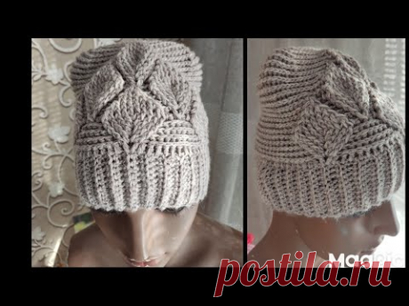 Теплая шапочка с"Листьями"крючком!