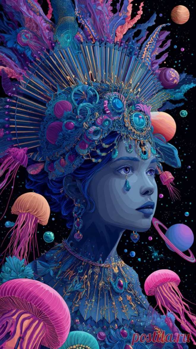 Девушка в космосе: сюрреалистичный цифровой шедевр с планетами и медузами. Картинка из нейронной сети Midjourney - Midjourney примеры промтов - Форум ИИ о нейросетях - Yes Ai