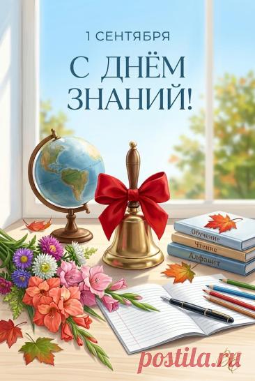 С Днём знаний! Тёплая открытка о самом трогательном моменте 1 сентября — бабушка провожает внучку в школу. Первый букет, школьный портфель, белые банты и волнение перед новым учебным годом. Пусть впереди будет много интересных открытий, добрых учителей, новых друзей и радости от знаний!