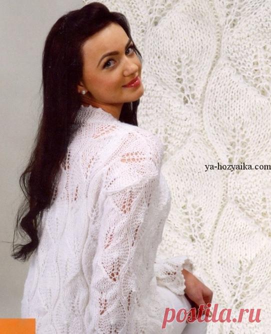 Жакет спицами узором листья. Связать жакет из мохера