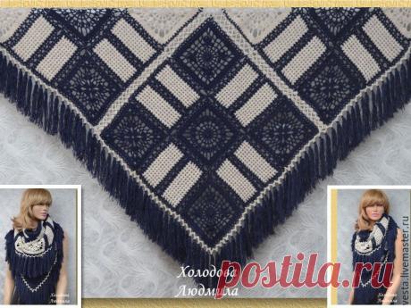 Купить "Синий лён" (шаль вязаная) - комбинированный, шаль, палантин, подарок, синий лен