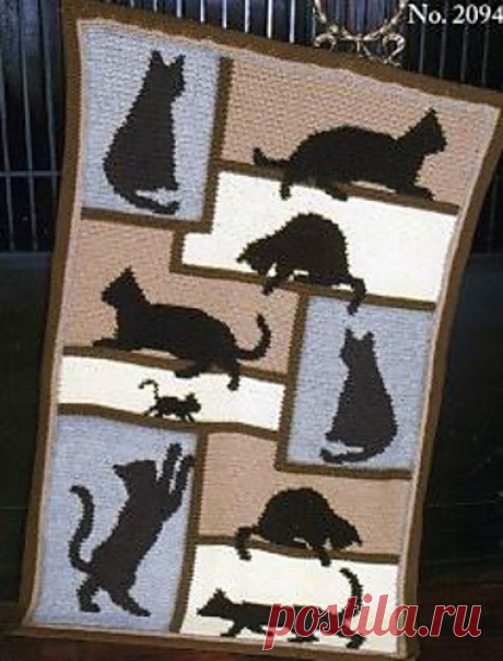 Плед с котами.Описание платное. Ravelry: Cat Silhouette Afghan pattern by Mary Maxim