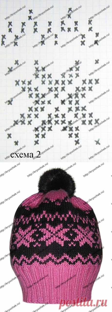 Розовая шапочка с жаккардовым узором «Звездочки» спицами | Kryuchek.ru