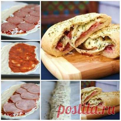 Стромболи (пицца-рулет)
Ингредиенты:
- 250 гр. теста для пиццы
- 1 чашка томатного соуса
- 1,5 чашки моцареллы
- 9 кусочков салями
- 7 кусочков ветчины
- 1 яйцо
- ореган
Для теста:
- 1 чашка теплой воды
- 2 1\4 ч.л. сухих дрожжей
- 1 ст.л. меда или сахара
- 2 ч.л. соли
- 2 ст.л. растительного масла
- 3 чашки муки
Приготовление:
Чтобы приготовить тесто, нужно смешать стакан теплой воды с дрожжами и чайной ложкой сахара. Теперь в эту смесь нужно добавить две ч.л. соли и две ст.л. оливкового м