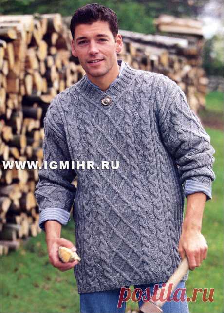 Мужской узорчатый пуловер серого цвета. Спицы