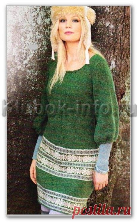 Женское вязание спицами. Мини-платье с декоративными бордюрами из норвежских узоров и пышными рукавами три четверти