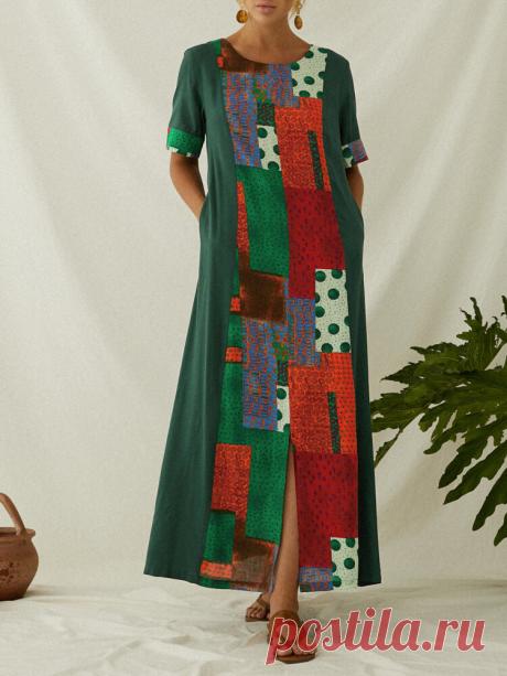 Этническая принт пэчворк с коротким рукавом Винтаж макси Платье для Женское Ваш друг поделился с вами модным сайтом и дает вам скидку до 20%! требуй это сейчас.