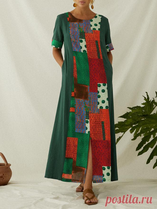 Этническая принт пэчворк с коротким рукавом Винтаж макси Платье для Женское Ваш друг поделился с вами модным сайтом и дает вам скидку до 20%! требуй это сейчас.