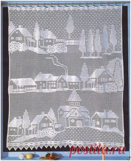 Филейная занавеска &quot;Деревенский пейзаж&quot;.