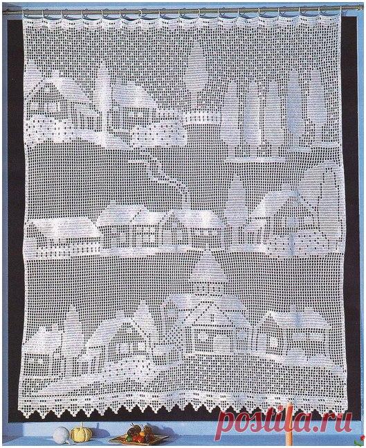 Филейная занавеска "Деревенский пейзаж".