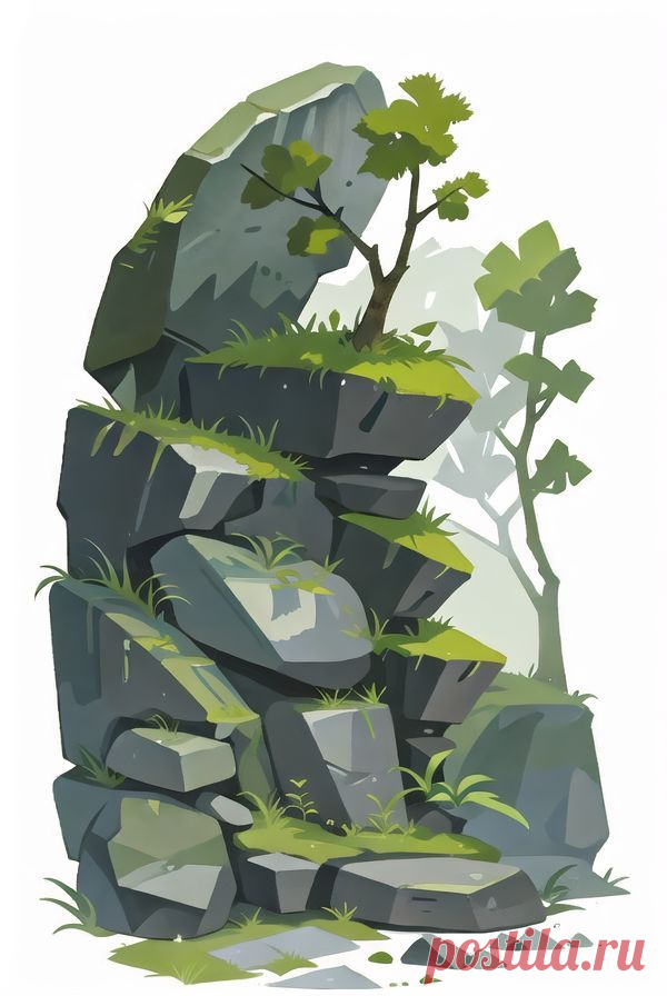 Рисунок. Скала. Растения.