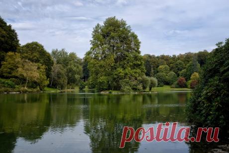 Trees at Stourhead Gardens, Wiltshire. An island on the lake is home to a magnificent tulip tree, which turns a fantastic butter yellow as Autumn progresses.  Here it is still wearing its Summer green, but is magnificent nevertheless.