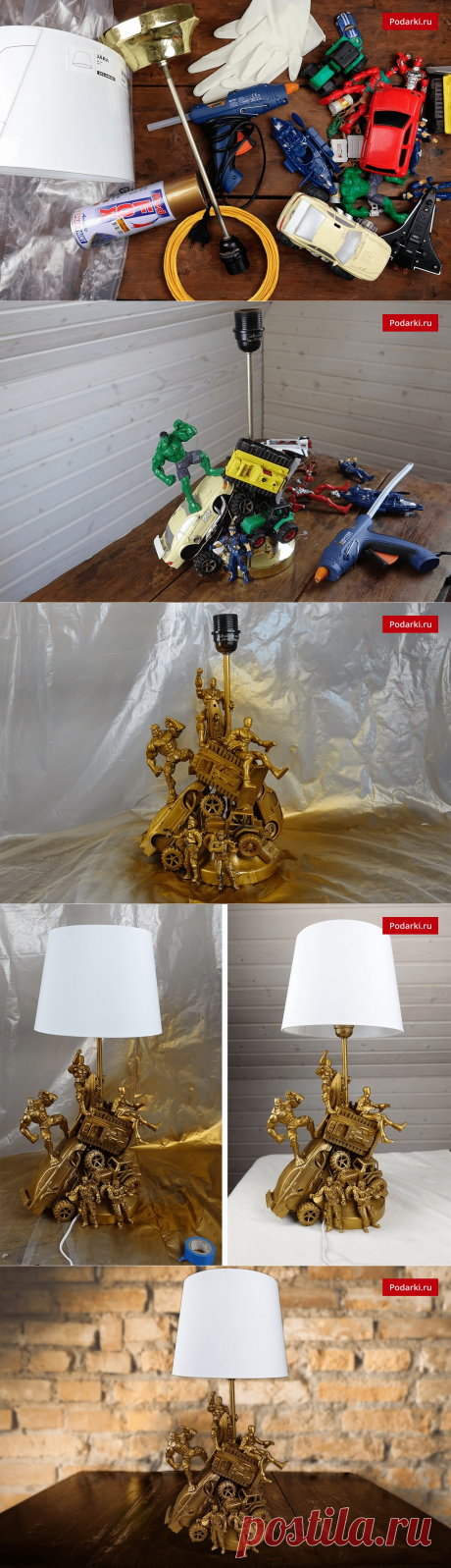 Потрясающая идея: лампа из старых детских игрушек

Для изготовления лампы понадобится:
игрушечные супергерои, солдатики, машинки, самолёты и т.п.;
основание настольной лампы (можно взять от старой лампы);
абажур для настольной лампы;
проволока;
золотая краска в баллончике;
клей;
полиэтилен;
резиновые перчатки и другие средства личной защиты.