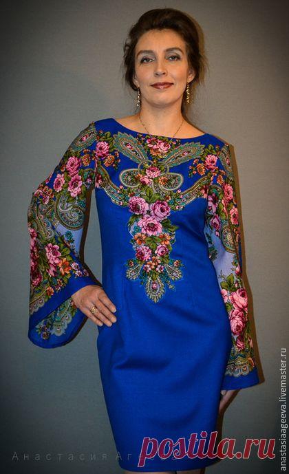 Купить Платье "Синяя птица счастья". - тёмно-синий, орнамент, платье из платка